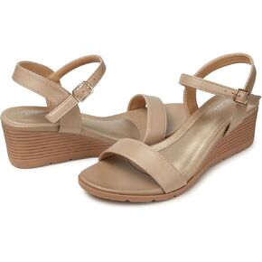 SHIBEVER Womens Sandals Wedge Comfortable: Buckle Ankle Strap Wedge Sandal - Nude Sandals Women - Dressy Summer Size 10.5