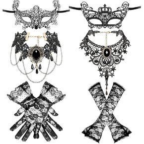 6 Pcs Masquerraders Mask Set Halloween Jewelry for Women Black Lace Eyemask Necklace Gloves Costume Accessories Party