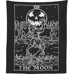 The Moon Tarot Card Tapestry (Black & White) - Werewolf - Gothic Halloween Home Decor Wall Hanging (60" x 50")