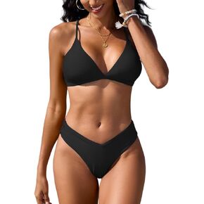 Tainehs Women's Two Piece Bikini Set V Neck Crisscross Back Self Tie Swimsuits V Cut High Leg Bating Suits