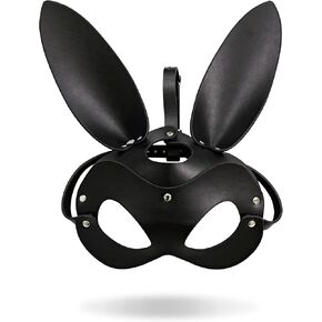 PASTOS Black PU Leather Bunny Mask Leather Rabbit Catwoman Masquerade Party Mask for Cosplay Halloween Bunny Costume Accessory