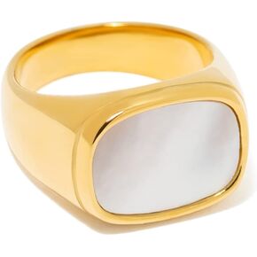 Gold Chunky Signet Ring for Women Men, White Fresh-Water Mother of Pearl Shell, Stackable Statement Pinky Ring, Non-Tarnish 18K Gold Plated Stainless Steel Size 5 6 7 8 9 10 11
