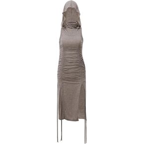 Hoodie Dress for Women Sexy Mock Neck Ruched Drawstring Split Sleeveless Bodycon Midi Dresses