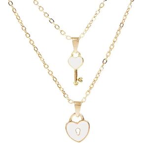 Key Lock Matching Necklace Gold Plated Dainty Double Layered Enamel Pink Heart Padlock Chain Pendant Necklace for 2 Women Teen Girls Friendship BFF Couples Lovers Valentine's Day Fashion Jewelry Gifts