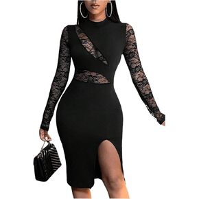 Floerns Women's Floral Contrast Lace Long Sleeve Party Slit Hem Pencil Dress