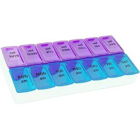 Weekly (14-Day) Pill Organizer, 2 Times a Day AM/PM Pill Case and Planner, Portable Vitamin Containers (Blue-Yellow)