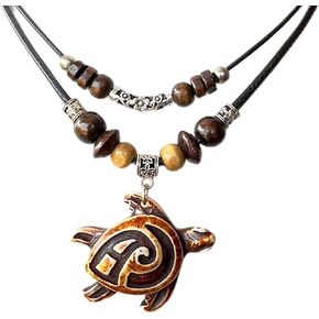 قلادة سلحفاة قبلية بنية اللون - قلادة سلحفاة هاواي - مطرزة بالخشب بحبل أسود قابل للتعديل in Kuwait
