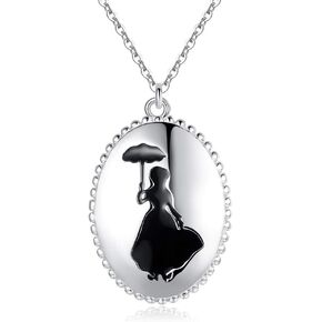 Mary Poppins Oval Disc Pendant Necklace Sterling Silver 925 Enameled Cable Chain Adjustable 16-17-18 Inch