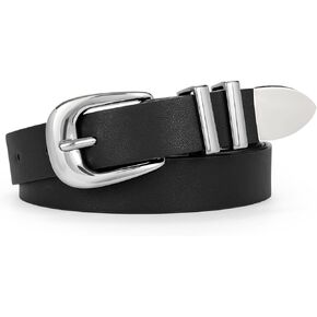 WERFORU Women Leather Belt Fashion Leather Waist Belt for Pants Jean Ladies Western Thin Belt with Gold/Silver Buckle （Fit Waist Size 26"-30",Black-Silver Buckle