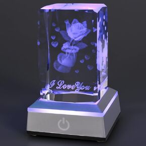 DUOQIAN I Love You 3D Rose Heart in Full Bloom Crystal with Colourful LED Display Base, I Love You Present for Girlfriend Wife Mom Aunt Woman Birthday Christmas Mothers Day Valentine's Day Gifts