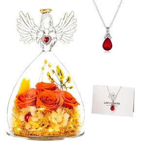 Mothers Day Preserved Rose Gifts for Women Mom Grandma Wife,Glass Angel Figurines with LED Light,Four Real Rose Flowers Purple