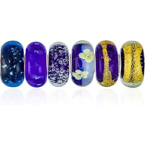 Assorted Mixed Set Of 5 or 6 Bundle Translucent Shades Of Black Blue Navy Silver Gold Foil Murano Swirl Charm Bead Spacer For Women Teen .925 Sterling Silver Core Fits European Bracelet in Saudi Arabia