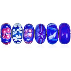 Assorted Mixed Set Of 5 or 6 Bundle Translucent Shades Of Black Blue Navy Silver Gold Foil Murano Swirl Charm Bead Spacer For Women Teen .925 Sterling Silver Core Fits European Bracelet