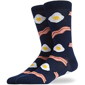 Mens Funky Cartoon Food Bacon Egg Patterned Cotton Soft Casual Novelty Crew Dress Socks,1 Pair