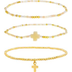 مجموعة أساور مكدسة من خرز البذور المتقاطعة للنساء، هدية مجوهرات بوهو مصنوعة يدويًا ومطرزة بالذهب ومطرزة بالخرز وقابلة للتمدد. in Kuwait