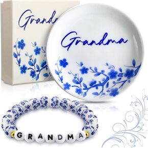 Valentine's Day Gifts for Grandma Blue and White Porcelain Beads Bracelet 3.9 x 3.9 Inches Grandma Jewelry Dish Grandma Gifts for Birthday Mother's Day