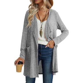 Womens Long Cardigans with Pockets Lightweight Soft Comfy Ribbed Knit Duster Cardigans Cover Ups Trendy