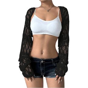 Verdusa Women's Y2K Crochet Lightweight Summer Cardigan Crop Bolero Shrug Hollow Out Long Sleeve Knit Top