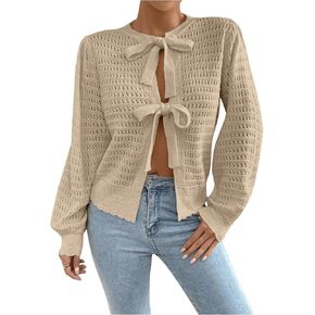 GORGLITTER Women's Bow Sweater Tie Front Cardigan Crochet Hollow Out Long Sleeve Knit Tops