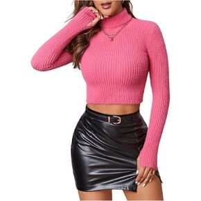 MakeMeChic Women's Fuzzy Turtleneck Sweater Slim Fit Long Sleeve Ribbed Knit Crop Sweater Pullover