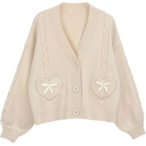 Japan Harajuku Kawaii Pink Knitted Cardigan Women's V-Neck Sweater Cute Bow Heart Korean JK School Uniform Jacket