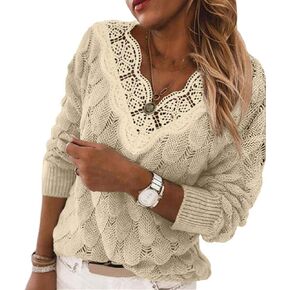Yousify Women Lace V Neck Long Sleeve Pullover Sweaters Lightweight Knit Solid Color Novelty Jumper Tops