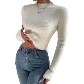 Verdusa Women's Mock Neck Long Sleeve Fuzzy Sweater Pullovers Slim Fitted Top