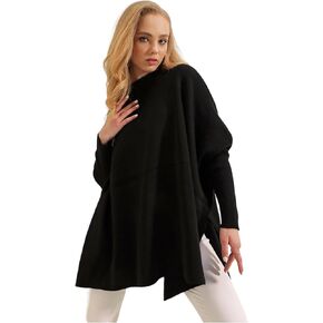 Women's Crew Neck Batwing Sleeve Split Hem Oversized Knit Poncho Sweater