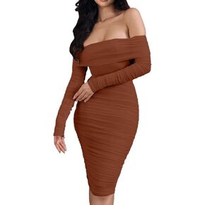 Uni Clau Women Sexy Off Shoulder Sheer Mesh Long Sleeve Midi Dress Bodycon See Through Shinny Party Clubwear Ruched Dress