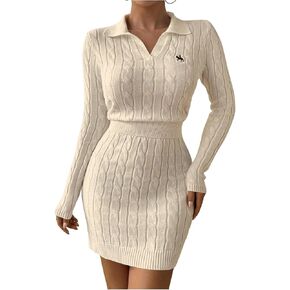 Verdusa Women's Cable Knit Bodycon Sweater Dress Long Sleeve Collared Mini Pencil Dress