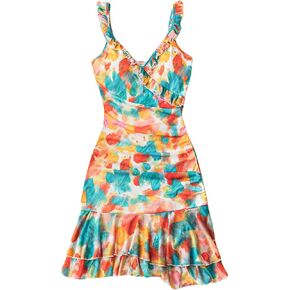 MakeMeChic Women's Floral Print Wrap V Neck Bodycon Mini Dress Ruched Ruffle Trim Vacation Summer Dress