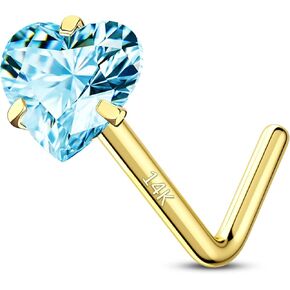 CM Crareesi Mania 14K Real Solid Yellow Gold Nose Stud 20Gauge Prong Set Heart CZ L Bend Nose Stud Piercing