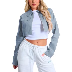 Women's Cropped Jacket Casual Zip Up Long Sleeve Lapel Crop Tops Jackets Coat