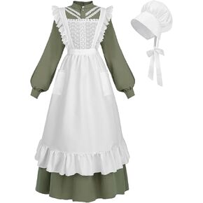 Nuoqi Prairie Dress Women Adult Pioneer Dress Long Colonial Costume with Bonnet Apron