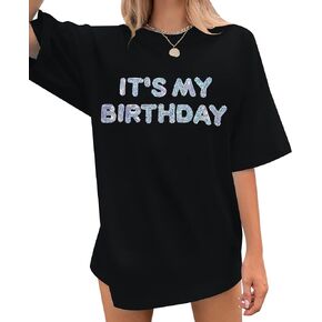 قميص عيد ميلاد نسائي كبير الحجم مزين بالترتر: تي شيرت مطبوع عليه عبارة It's My Birday، تيشيرت مضحك لعيد الميلاد بأكمام قصيرة ورقبة مستديرة للفتيات in Kuwait