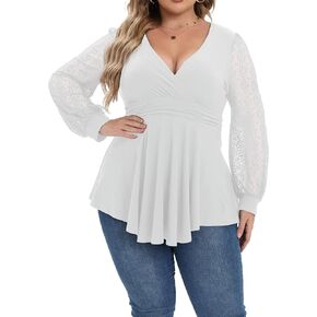 Plus Size Tops for Women Lace Long Sleeve Fall Shirts Casual Dressy Wrap V Neck Pleated Tunic Top