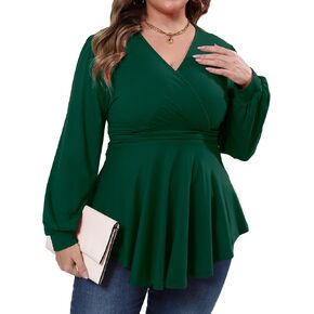 Plus Size Tops for Women Lace Long Sleeve Fall Shirts Casual Dressy Wrap V Neck Pleated Tunic Top in Kuwait