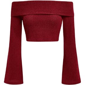 SweatyRocks Women's Off Shoulder Bell Long Sleeve T-Shirt Solid Fitted Ribbed Knit Crop Tops