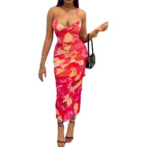 Xuan2Xuan3 Women Summer Spaghetti Strap Backless Bodycon Dress Ruffle Red Printed Summer Vacation Club Dresses