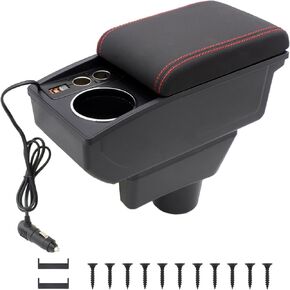 Car Armrest Box Fit for Mitsubishi Mirage Attrage 2014-2024 Accessories Center Console Cup Holder Double Layer Storage Organizer Box with 2 USB Fast Charging Ports (Red Thread)