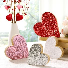 Valentine Tiered Tray Decor: 4pcs Glittered Wood Heart Table Decorations Sign Red Pink White, Sparkle Glitter Valentines Decor for Home Table Décor Anniversary Couple Valentines Day Gifts