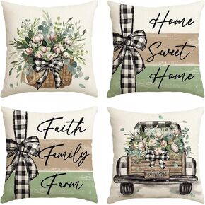 AVOIN colorlife Home Sweet Home Farmhouse Eucalyptus Leaves Throw Pillow Covers, 18 x 18 Inch Truck Stripes Buffalo Plaid Cushion Case Decorations Set of 4