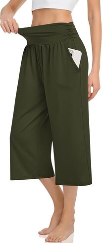 TARSE Women's High Waisted Capri Pants Casual Wide Leg Yoga Pants Loose Soft Pajamas with Pockets Sweatpants in Kuwait
