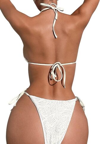 MakeMeChic Women's Textured Bikini Swimsuit 2 Piece Halter Triangle Bikini Set Tie Side Bathing Suit in Saudi Arabia
