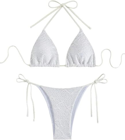 MakeMeChic Women's Textured Bikini Swimsuit 2 Piece Halter Triangle Bikini Set Tie Side Bathing Suit in Saudi Arabia