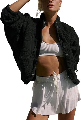 سترة صوفية حريمي من كيسونيك، أكمام طويلة، معاطف قصيرة، ملابس خارجية شتوية مبطنة مع جيوب (أسود-M) in Kuwait