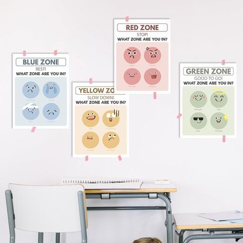 HRQKO What Zone are You in Wall Art Poster Prints Set of 4, Zones of Regulation Poster, Mental Health Artwork Printing Posters Wall Decor, Feelings Emotions Prints for Classroom 8"x10" Unframed in Saudi Arabia