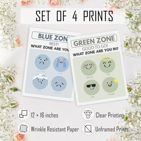 HRQKO What Zone are You in Wall Art Poster Prints Set of 4, Zones of Regulation Poster, Mental Health Artwork Printing Posters Wall Decor, Feelings Emotions Prints for Classroom 8"x10" Unframed in Saudi Arabia