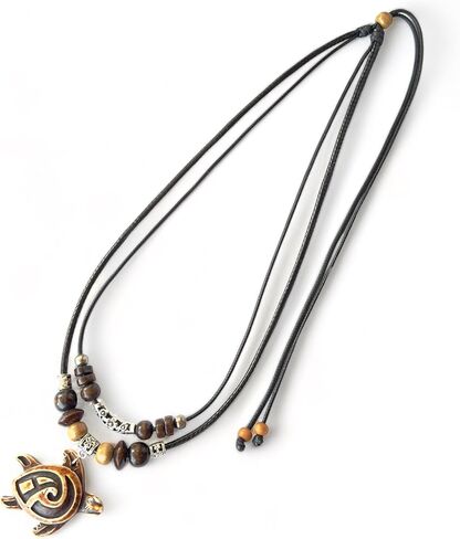 قلادة سلحفاة قبلية بنية اللون - قلادة سلحفاة هاواي - مطرزة بالخشب بحبل أسود قابل للتعديل in Kuwait