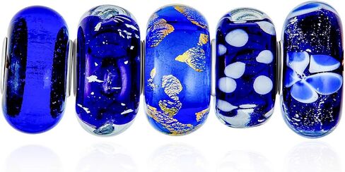 Assorted Mixed Set Of 5 or 6 Bundle Translucent Shades Of Black Blue Navy Silver Gold Foil Murano Swirl Charm Bead Spacer For Women Teen .925 Sterling Silver Core Fits European Bracelet in Kuwait